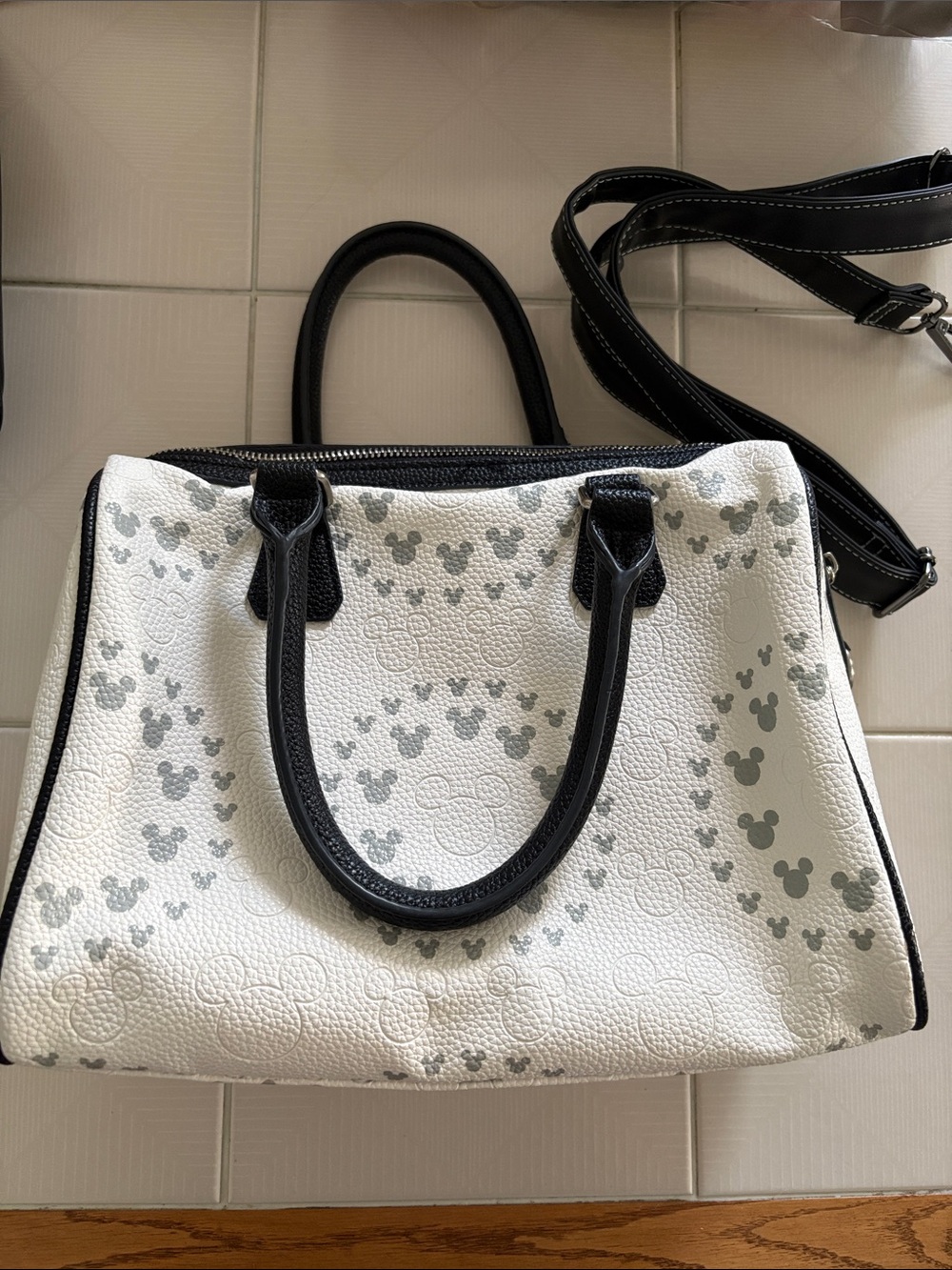 Disney Mickey Mouse White and Black Patterned Satchel Handbag - Women Bags